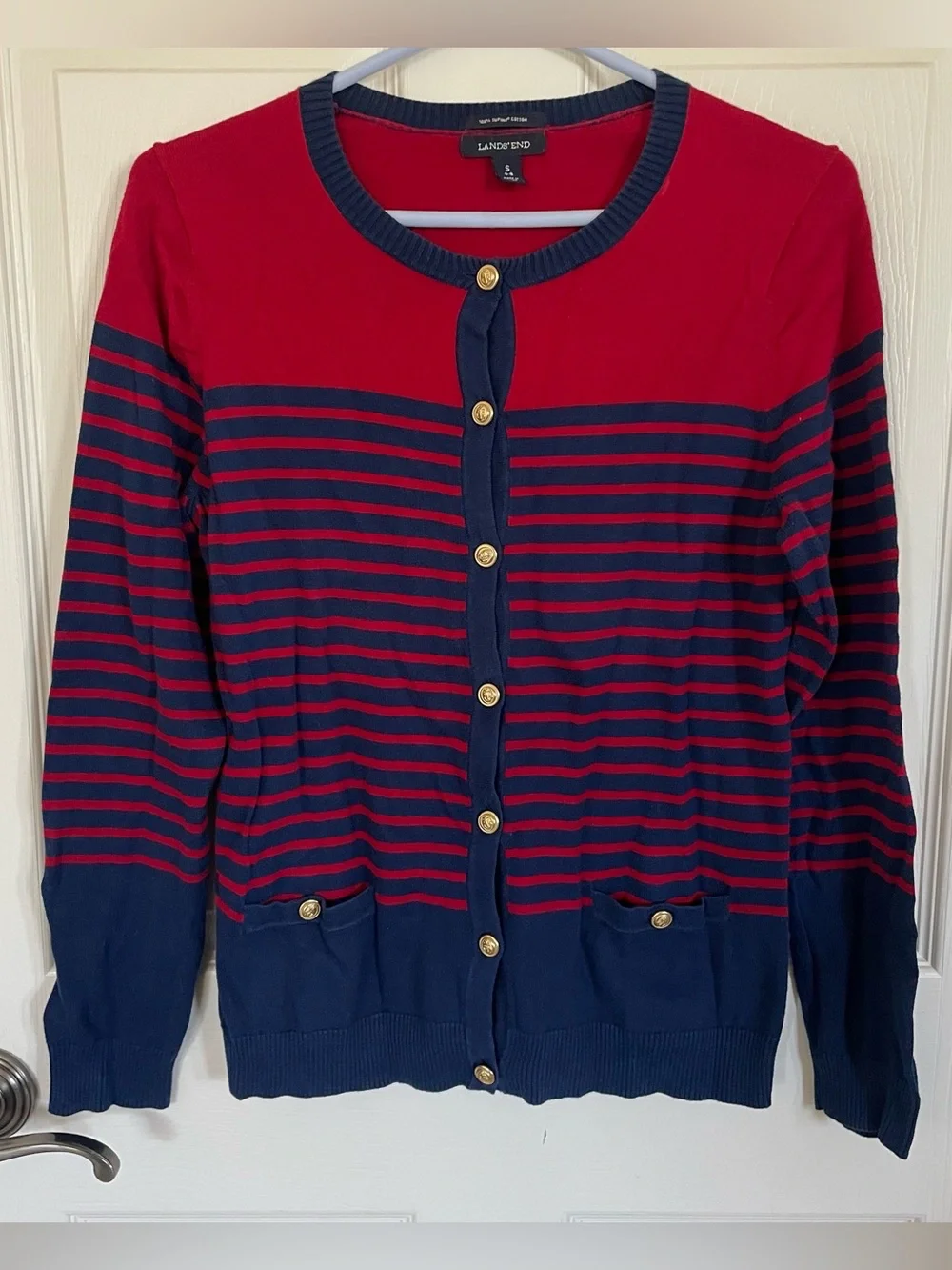 Lands End Red Navy Blue Nautical Cardigan size S 100% Cotton - Picture 2 of 13